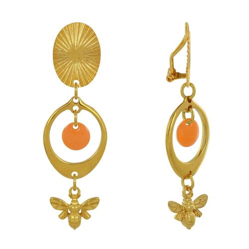 Les Poulettes Bijoux - Boucles D'oreilles Clip Laiton Doré Cercle Pastille Coloré Et Abeille