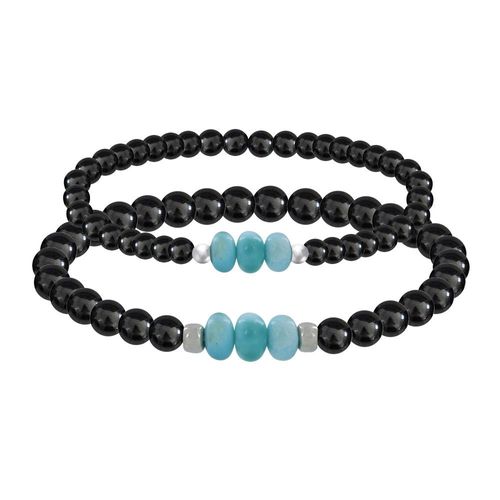 Les Poulettes Bijoux - Duo Bracelets Homme Et Femme Perles D'hématites Et Trois Anneaux De Larimar