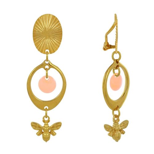 Les Poulettes Bijoux - Boucles D'oreilles Clip Laiton Doré Cercle Pastille Coloré Et Abeille