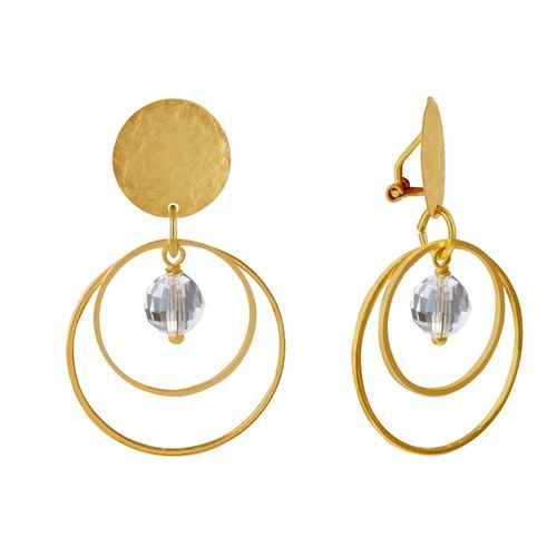 Les Poulettes Bijoux - Boucles D'oreilles Clip Laiton Mat Pastille Brossée Deux Anneaux Et Perle Facettée