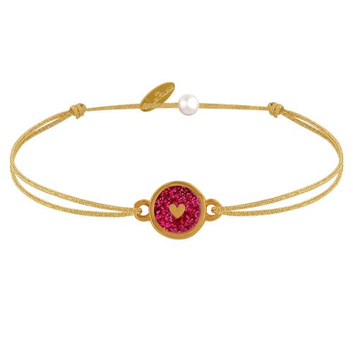 Les Poulettes Bijoux - Bracelet Lien Médaille Laiton Doré Ronde Coeur Emaillée Rouge Pailletée