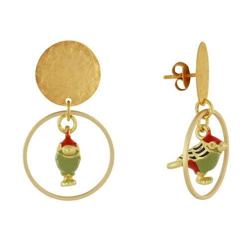 Les Poulettes Bijoux - Boucles D'oreilles Clous Laiton Mat Pastille Brossée Anneau Et Oiseau Coloré
