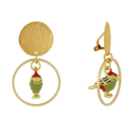Les Poulettes Bijoux - Boucles D'oreilles Clip Laiton Mat Pastille Brossée Anneau Et Oiseau Coloré