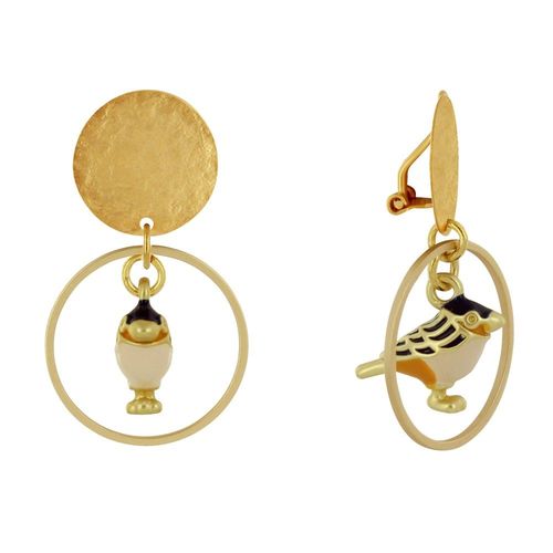 Les Poulettes Bijoux - Boucles D'oreilles Clip Laiton Mat Pastille Brossée Anneau Et Oiseau Coloré