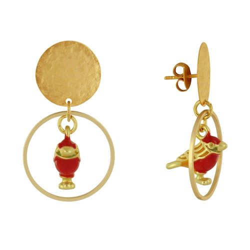 Les Poulettes Bijoux - Boucles D'oreilles Clous Laiton Mat Pastille Brossée Anneau Et Oiseau Coloré