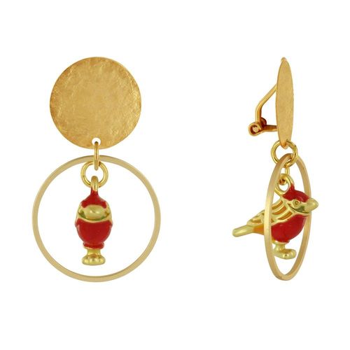 Les Poulettes Bijoux - Boucles D'oreilles Clip Laiton Mat Pastille Brossée Anneau Et Oiseau Coloré