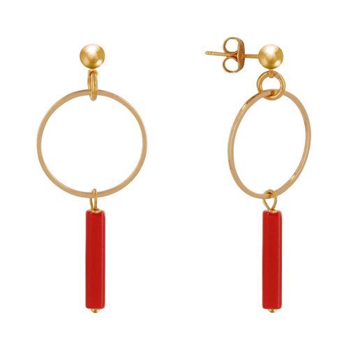 Les Poulettes Bijoux - Boucles D'oreilles Doré Cercle Et Perle Rectangulaire Brillante