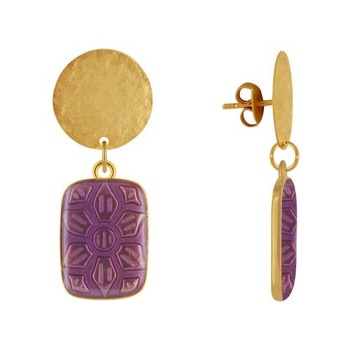 Les Poulettes Bijoux - Boucles D'oreilles Clous Laiton Mat Pastille Brossée Et Rectangle Fleur En Résine