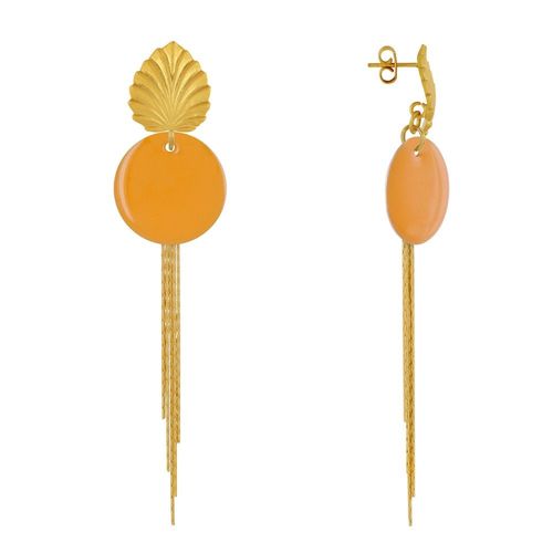 Les Poulettes Bijoux - Boucles D'oreilles Clous Laiton Feuille Pastille Émaillée Et Fils Pendants