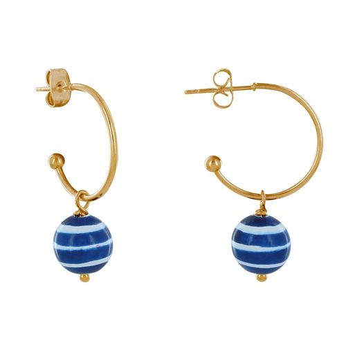 Les Poulettes Bijoux - Boucles D'oreilles Demi Créoles Métal Perles En Bois Marinière Bleu
