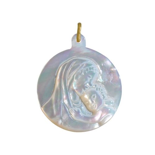 Les Poulettes Bijoux - Pendentif Nacre Ronde Vierge À L'enfant 2cm
