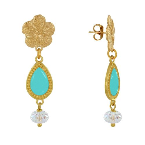 Les Poulettes Bijoux - Boucles D'oreilles Clous Métal Doré Fleur Goutte Émaillée Et Perle Facettée