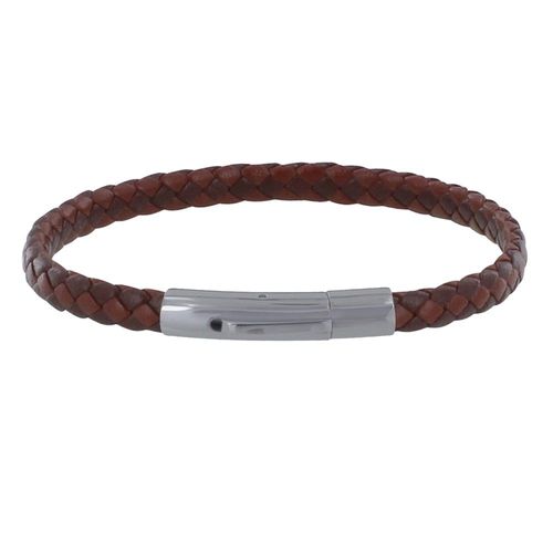 Les Poulettes Bijoux - Bracelet Homme Cuir Tréssé Plat Bicolore Marron Foncé Et Marron Clair