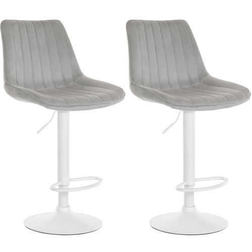 Lot De 2 Tabourets De Bar Réglable En Hauteur Pivotant À 360° Assise En Velours Gris Couture Verticale Pied Métal Blanc 10_0004431
