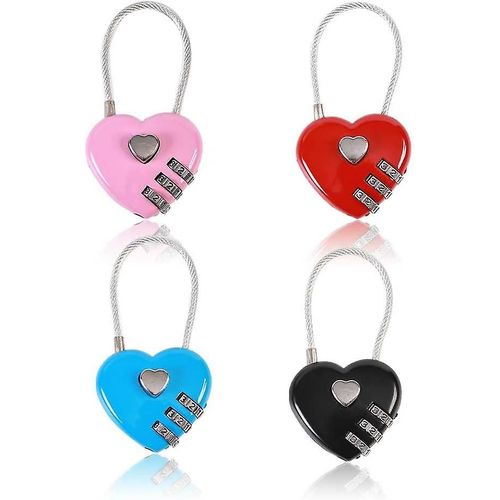 4pcs Heart Padlock, Combinaison Lock Mini Code Lock Wire Rope 3-digit Code Combination Padlock Couple Padlock Resetable Password Baggage Lock For Lug