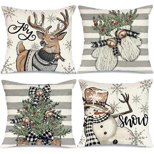 Housse De Coussin De Noël 45.72 X 45.72 Cm Lot De 4, Rayé Buffalo Bow Arbre Écharpe Bonhomme De Neige Cerf Neige Joyeux Décoration Coussin Housse Maison Fête Canapé