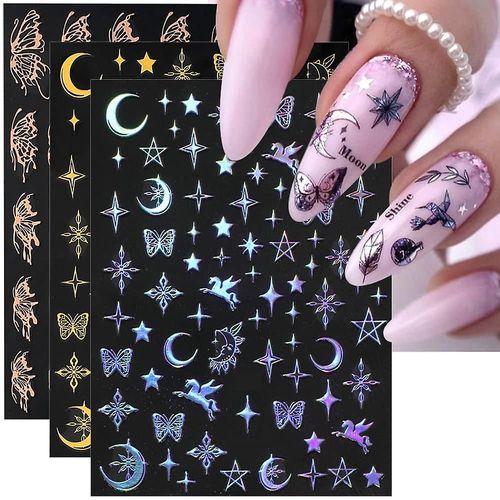 8pcs 3d Butterfly Nail Stickers Laser Silver Nail Art Autocollants Metallic Butterfly Nail Decals Star Moon Licorne Butterfly Autocollants Pour Nails Self Adhe 