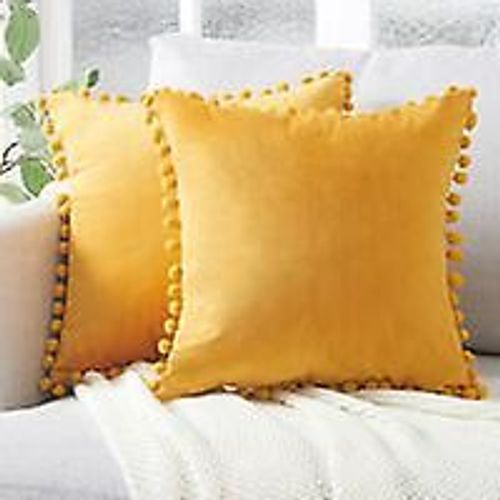 2pcs Moutarde Jaune Coussin Housses 45x45cm Velours doux avec boulettes Décor Canapé moderne Salon Chambre