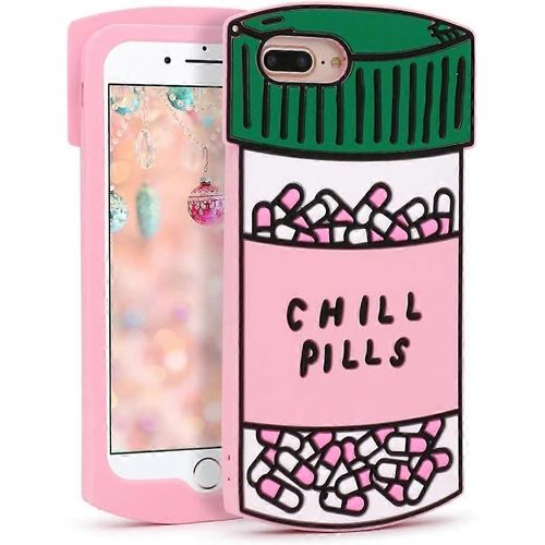 Megantree Mignon Coque Iphone 7 Plus, Coques Iphone 8 Plus, Drôle 3d Dessin Animé Chill Pilules Capsule Bouteille En Forme De Caoutchouc De Silicone Souple Pleine Protection Choquer