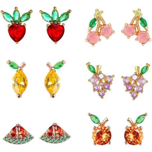 Fruits Stud Boucles D¿Oreilles Or 18k Plaqué Ananas Raisin Cerise Boucles D¿Oreilles Zircone Cubique Boucles D¿Oreilles Set Pour Femmes Filles Fruit Bijoux Cadeaux - -