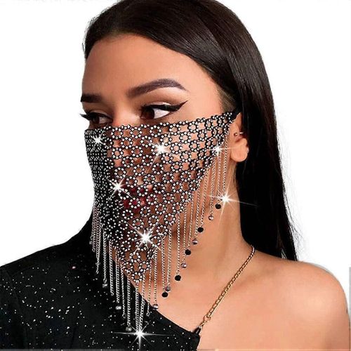 Cristal Scintillant Métal Maille Masque Noir Pompon Perles Chaîne Masques Festival Rave Mascarade Masque Bijoux Pour Femmes
