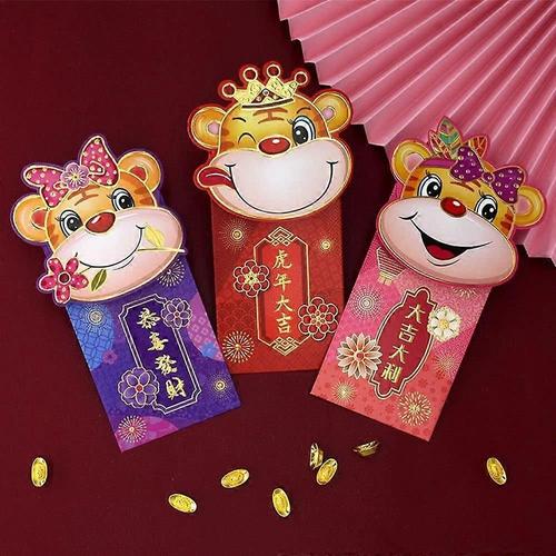 3pcs Rouge Enveloppes Chinois Astrologie Chinois Nouvel An Enveloppes Rouges Dessin Animé Tigre Animal Imprimer Lucky Money Poches Printemps Festival Argent Cadeau Sac(3)