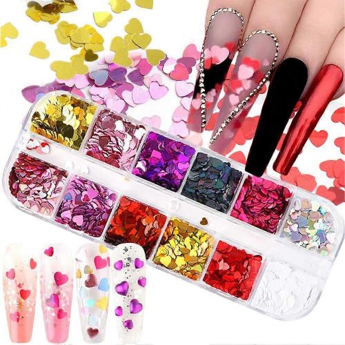 12 Couleurs Coeur Holographique Ongle Glitter Sequin Accessoires Coloré 3d Ongle Flocons Poudre Uv Gel Vernis Acrylique Design Pour Femmes Filles Manucure Conseils 
