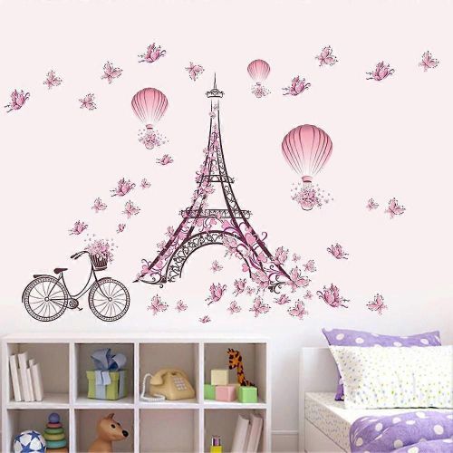 Romantique Rose Papillon Paris Tour Eiffel Fleur Ballon À Air Chaud Amovible Autocollant Mural Autocollant, Enfants Enfants Bébé Maison Chambre Chambre Nursery Diy Annonce Décorative