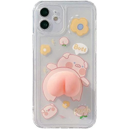 Coque De Téléphone Pour Iphone 12 Pro, Nouveauté Drôle Ondulant 3d Compressible Pêche Cul Cochon Motif Cochon Heureux Cochon Transparent Souple Tpu Étui En Caoutchouc De Silicone Hel