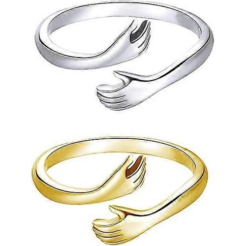 2 Pièces Étreindre Mains Bagues Or Plaqué Argent Mains Embrasser Anneaux Ouverts Réglable Couple Câlin Anneaux Romantique Amant Déclaration Empilable Rétro