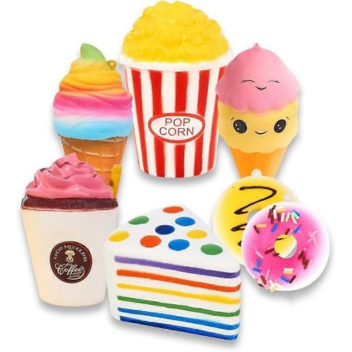 Slow Rising Jumbo Squishies Set Pack De 7 - Rainbow Triangle Cake, Frappuccino, Popcorn, Donuts X2 & Ice Cream X2, Kawaii Squishy Toys Ou Stress Relie