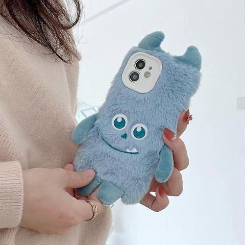 Coque Moelleuse Pour Iphone 13 Pro Max Dessin Animé 3d Animal Fuzzy Furry Chaud En Peluche Étui D¿Hiver Housse De Protection Antichoc En Silicone Souple, Monster Blue