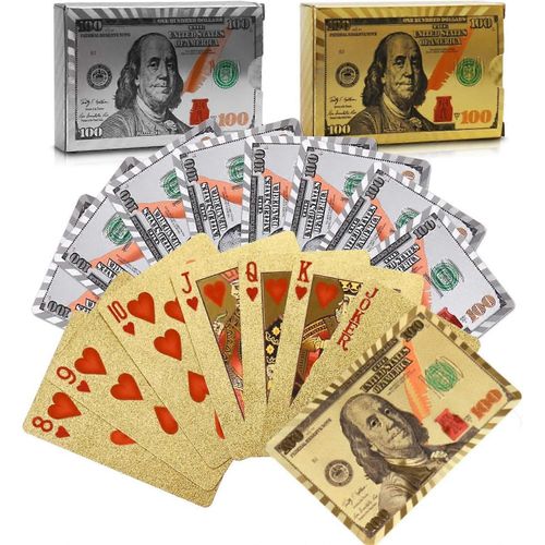 2 jeux de cartes à jouer 24k, poker étanche avec motif dollar dans une boîte cadeau, 1 or + 1 argent