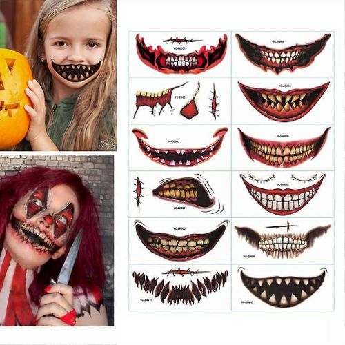 12pcs Halloween Clown Horror Mouth Tattoo Stickers,Halloween Temporary Tattoos Face Decals Prank Props For Halloween Cosplay Party Decorations