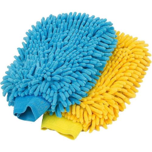 Mitaine De Lavage De Voiture Premium Microfibre Soft Chenille, Pack De 2, Bleu & Jaune