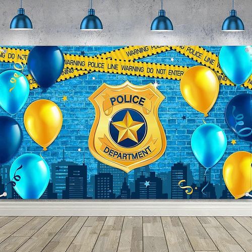 Fond de police Thème de la police joyeux anniversaire Décorations de fête Département de police Insigne Mur de briques bleues Photographie Fond pour les fournitures de fête de la police