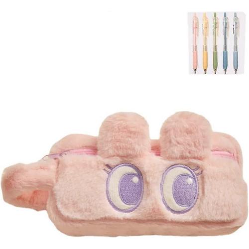 Fournitures Scolaires Kawaii Animaux De Dessin Animé Étui À Stylos Pochette À Crayons Multifonctionnelle Multifonctionnelle De Grande Capacité Avec Design Pratique (Rose + 5 Stylos)