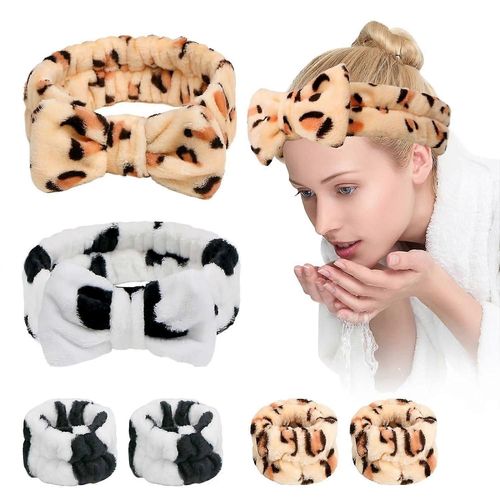 6 Pcs Bandeau De Lavage Du Visage Et Ensemble De Bracelets, Bandeaux De Maquillage Pour Les Femmes Pour Le Lavage Du Visage, Soins De La Peau, Spa, Démaquillage, Douche (Imprimé De Vache, Léopard)