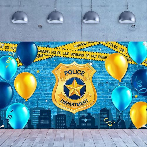 Police Party Photographie Bannière Département De La Police Insigne Bleu Brique Mur Toile De Fond Police Anniversaire Avertissement Bande Fond Pour Police Garçons Fête Supplie