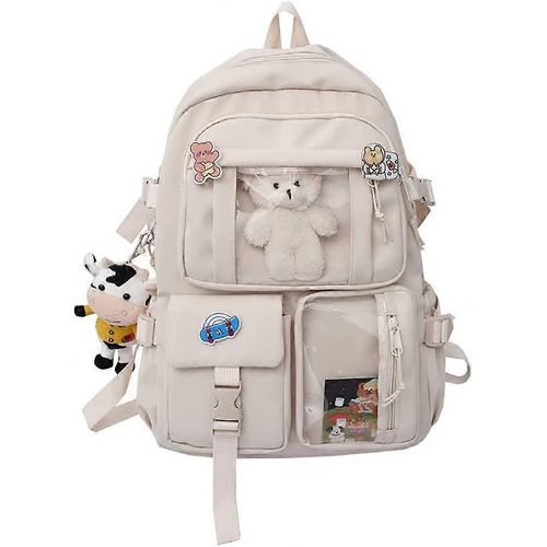 Sac À Dos De Grande Capacité Sac D¿École Léger Avec De Jolies Épingles Accessoires Ours En Peluche Vache Poupée Pendentif Pour Les Femmes Adolescentes