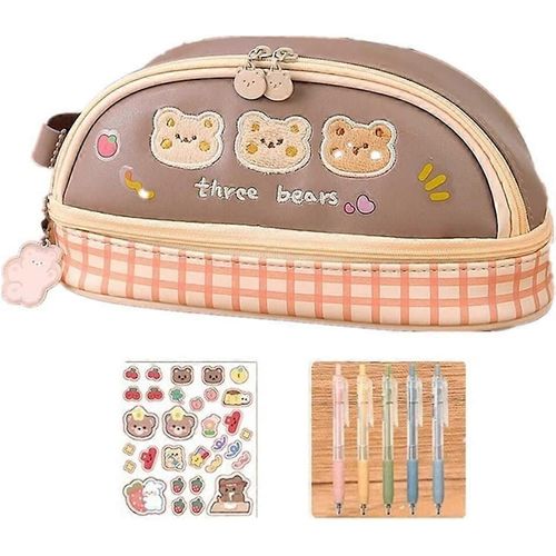 La Trousse Kawaii Pour Filles Garçons Est Livrée Avec 5 Stylos Gratuits, Un Combo D¿Autocollants Gratuits Et 3 Épingles Gratuites, Un Sac À Stylos Avec Un Design Pratique (Ours - 5 Stylos Gratuits + A
