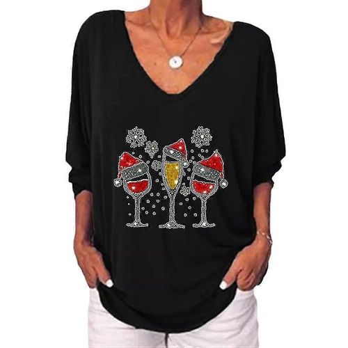 Femmes Noël Imprimé Tunique Tops V Neck Chemises Chemisier Plus Taille Bouton T-Shirt Tee