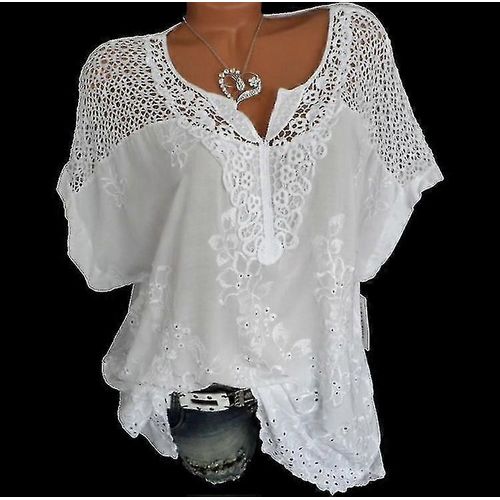 Mode Européenne Et Américaine Femme¿S Dentelle V-Col Brodé Chemise À Manches Courtes Bat Blanc S Xl