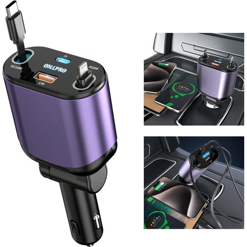 Chargeur De Voiture Rétractable 4 En 1, Charge Rapide 78w Avec Câble Rétractable Type-C & Lightning Et 2 Ports De Charge Usb C/Usb A Pour Iphone 15/14/13 Pro, , Ipad, Samsung, Violet[X587]