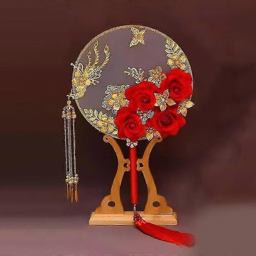 Style Chinois Traditionnel Unique Robe De Mariée Bouquet De Mariée Fan Fleurs Faites À La Main Perles Alliage