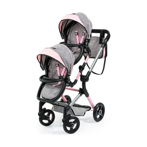Bayer Design 26233aa Landau Jumeaux Pour Poupée, Poussette Double, Réglable, Pliable, Panier Intégré Avec Sac À Bandoulière, Gris, Rose, Papillon