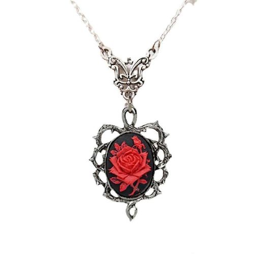 Métal Gothique Rose Camée En Épine Cadre Pendentif Collier Victorien