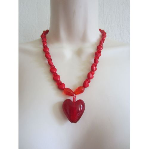 Collier Rouge Avec C?ur En Verre