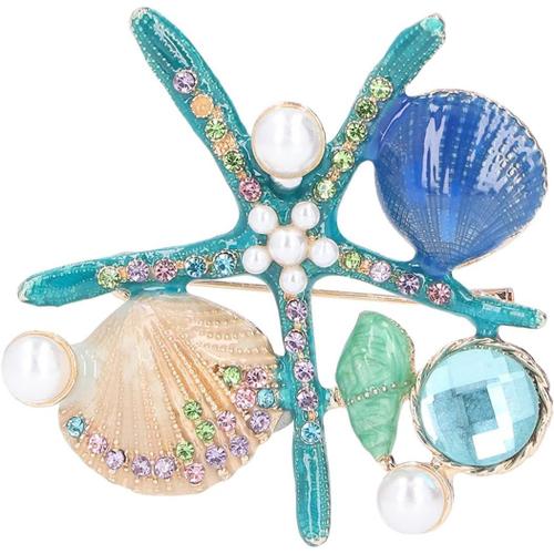 Superbe Étoile De Mer Et Coquillage Cristal Alliage Fermoir Broche Tendance Perle Broche Vêtements Accessoires(Bleu)[Q611]