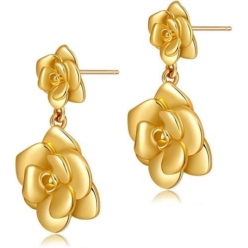 Boucles D'oreilles Pour Femmes Broche En Argent 925 Double Fleur Boucles D'oreilles 18k Grande Fleur Exagéré En Métal Doré Boucles D'oreilles Fête Bijoux[Q875]